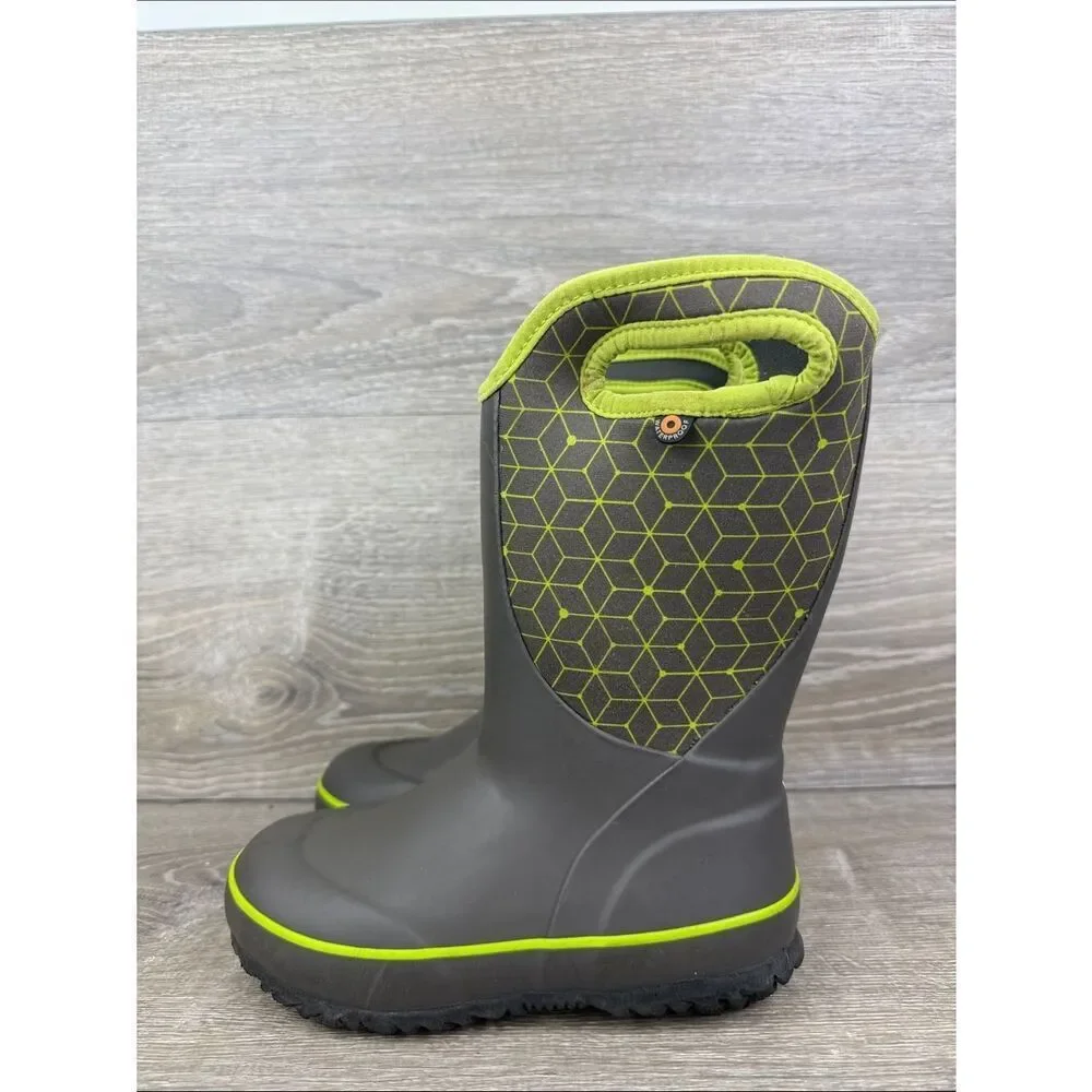 Bogs Waterproof-4f Slushie Web Geometric  Little Boy Sz 13 Gray Green Rain Boots